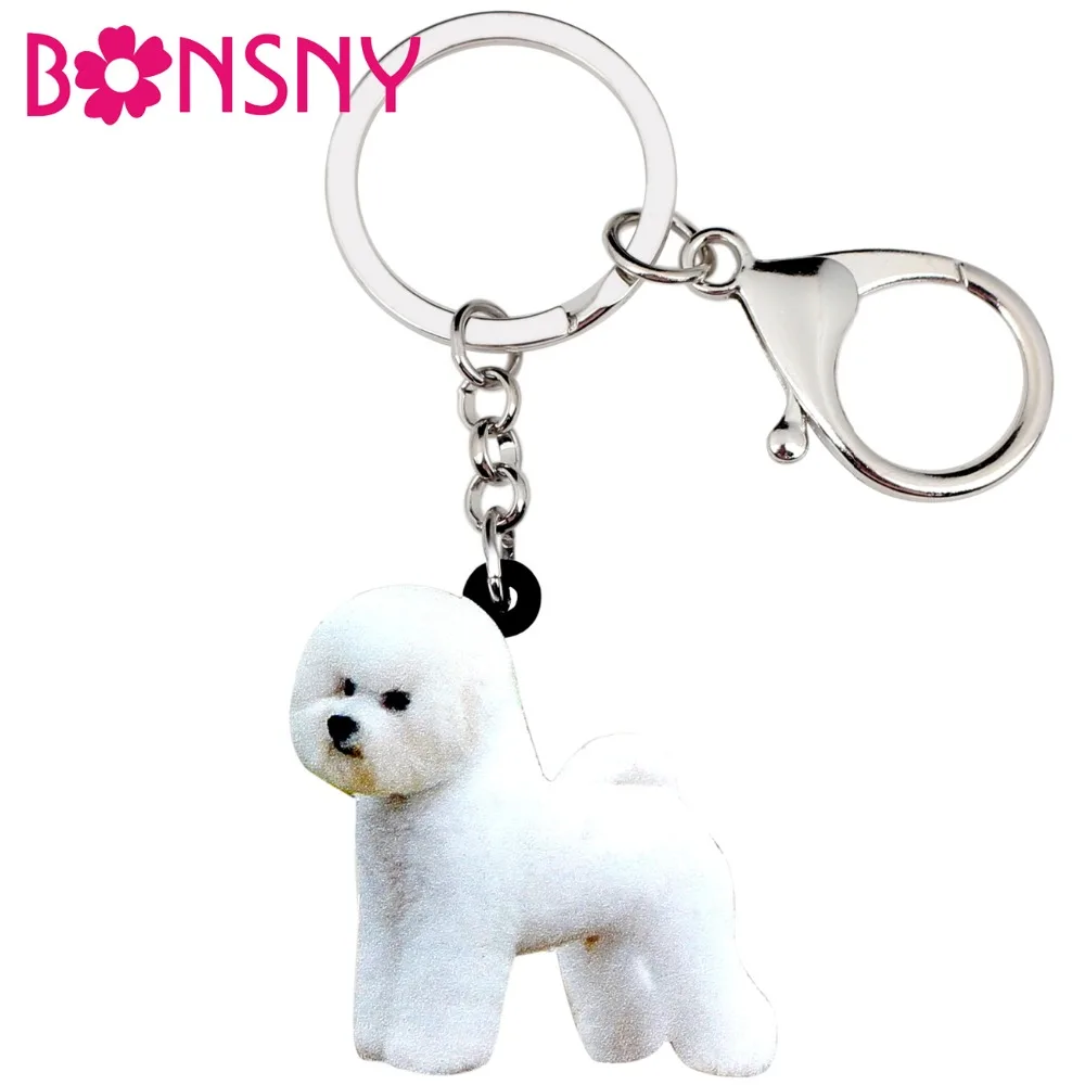 Bonsny акриловые милые Bichon Frise Dog брелки, брелки, кольца, ювелирные изделия в виде животных для женщин, девушек, дамская сумочка, автомобильный кошелек, подвески