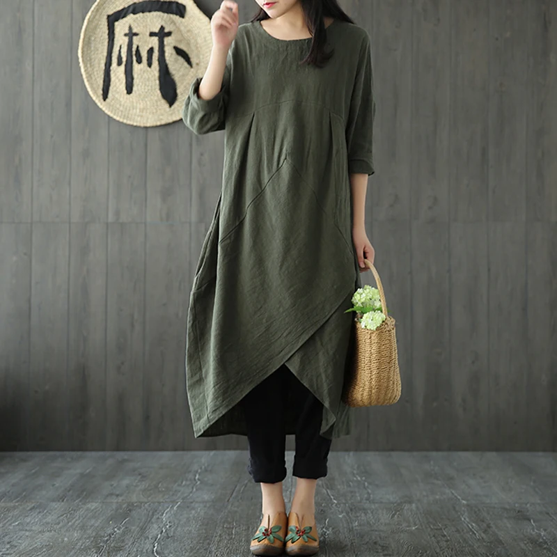 

ZANZEA Vintage Women Dress Autumn O Neck Long Sleeve Irregular Hem Loose Soid Casual Party Tunic Robe Sundress Midi Vestido