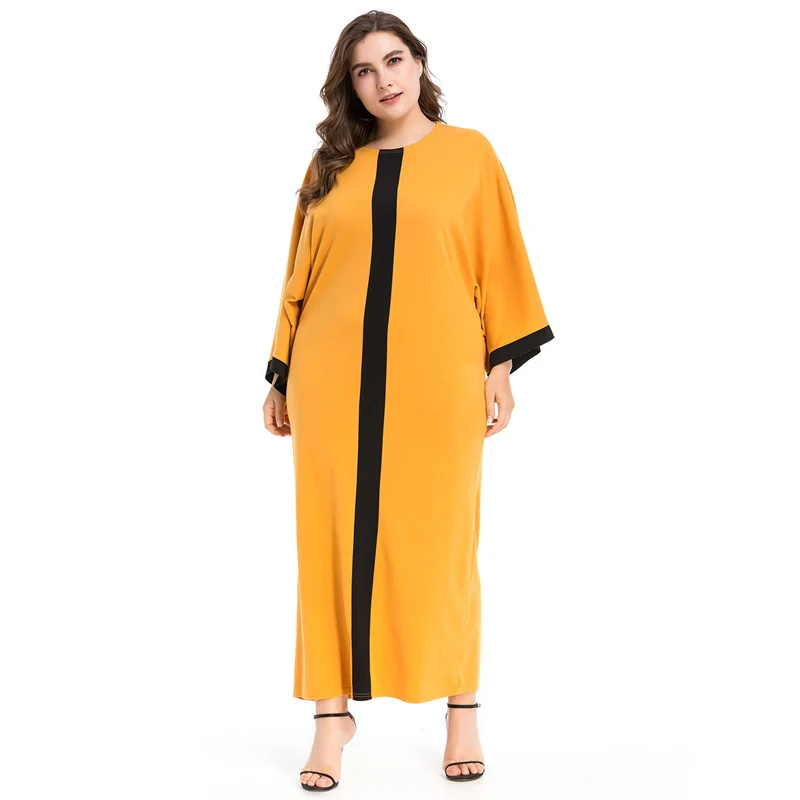 

Contrast color Muslim Abaya Dress in Dubai Islamic Clothing For Women Bat sleeve Wide Cuff Casual Loose Striped Musulmane Yellow