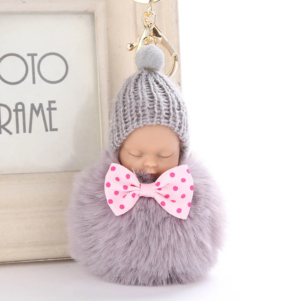 

Sleeping Baby Doll Keychain Pompom Rabbit Fur Ball Key Chain Car Keyring Women Key Holder Bag Pendant Charm Accessories