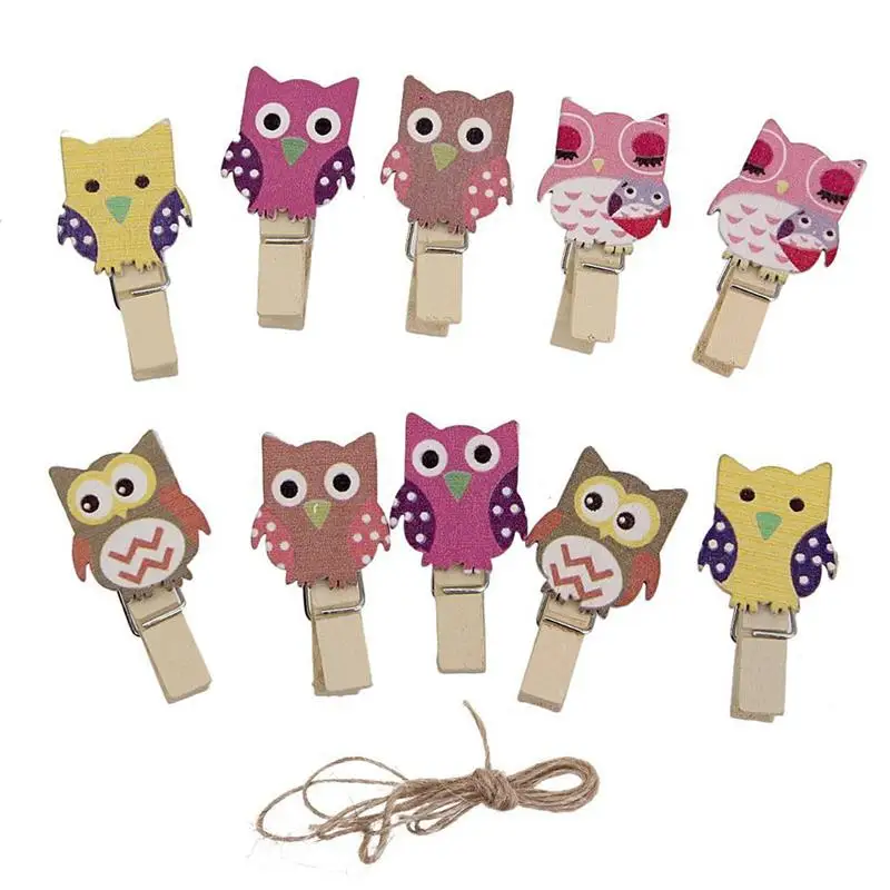 

10Pcs Owl Shape Pattern Wood Pins Clips Clothespins with Burlap Rope for Game Favors Craft