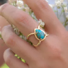 Boho женское кольцо с зеленым камнем, желтое золото, свадебные украшения, обещание на помолвку, кольца для женщин, милое большое кольцо-капля