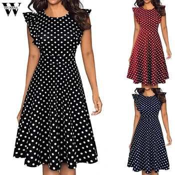 

Womail dress woman NEW Summer Vintage Sleeveless Dot Printed Ruffle Party Dresses party elegant fashion Casual 2019 A15