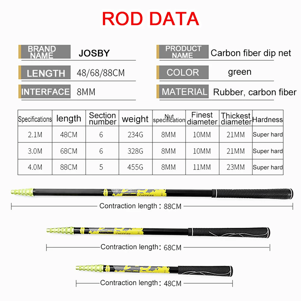 JOSBY 2.1M 3M Collapsible Catch Fishing Net Foldable Carbon Long Handle Telescopic Fish Catching Landing Nets Gear