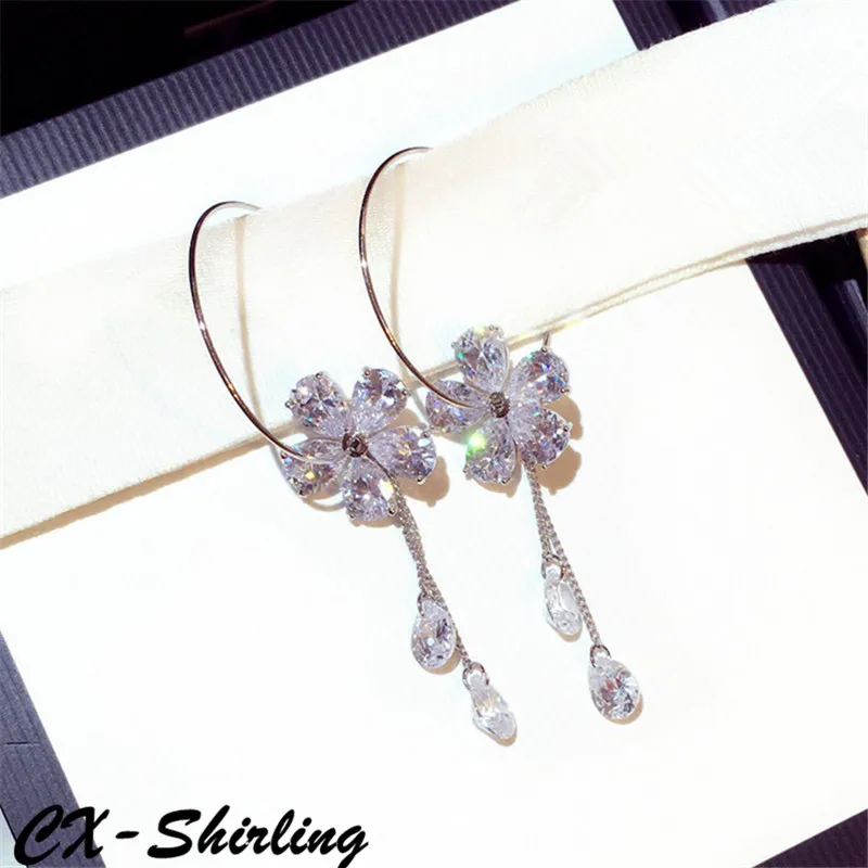 CX-Shirling женские массивные кубические циркония цветок кисточкой серьги качество круг двойной износ серьги