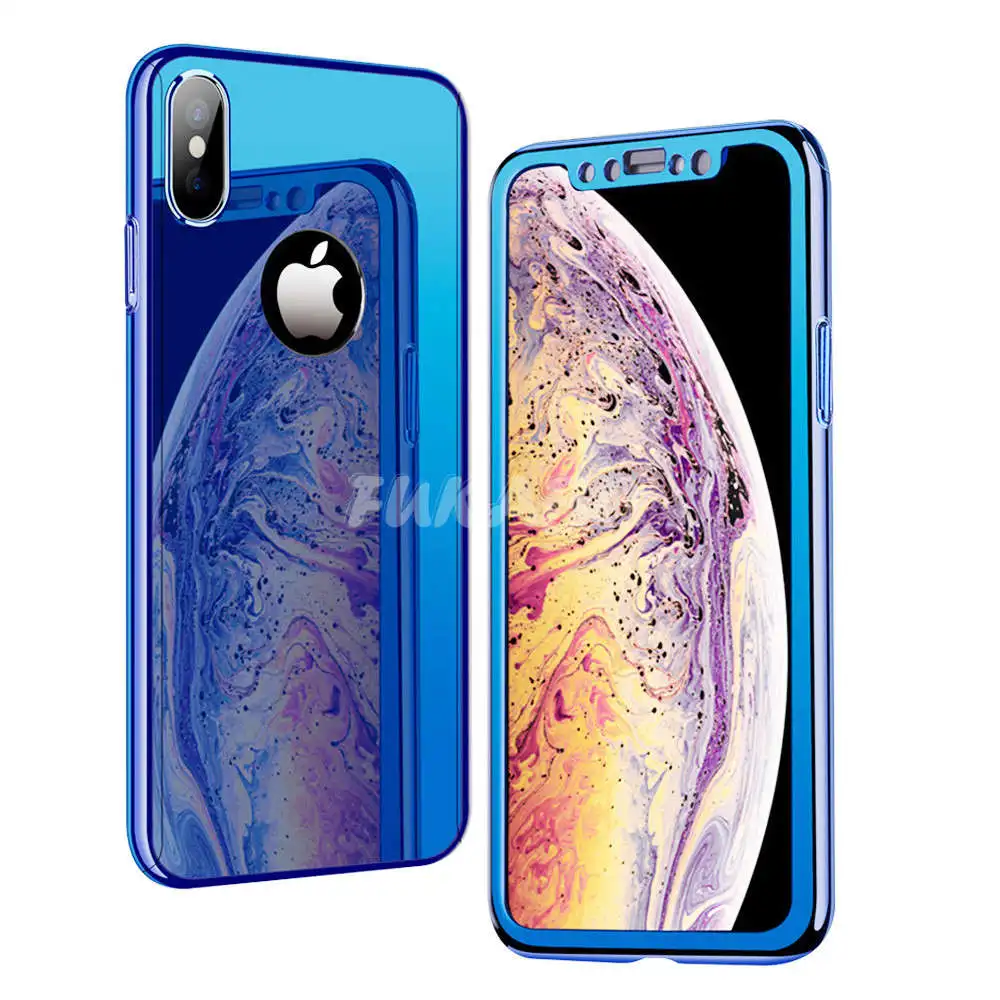 Покрытие 360 Полное покрытие для Apple iphone 7 iphone X Xr Xs Max зеркальный чехол для телефона для iphone 7 8 6 6S Plus блестящая Капа со стеклом - Цвет: Blue