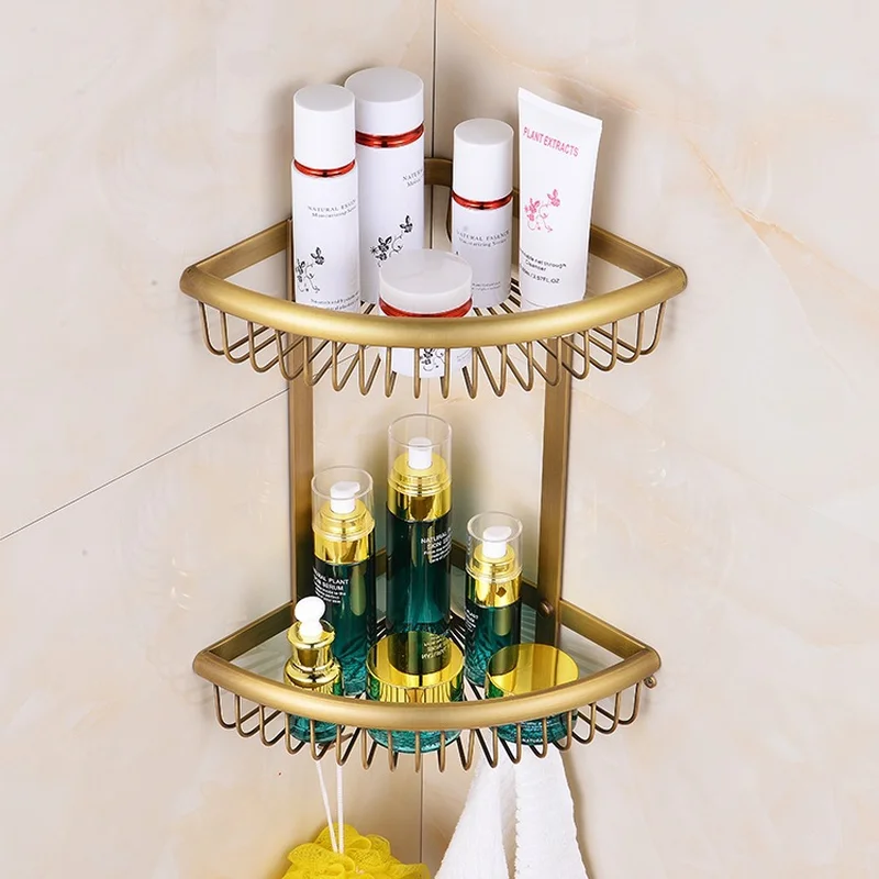 

Bathroom organizer Pure copper Double Corner Sector Shelf basket Cosmetics Storage racks Wall Mounted Type Corner bracket