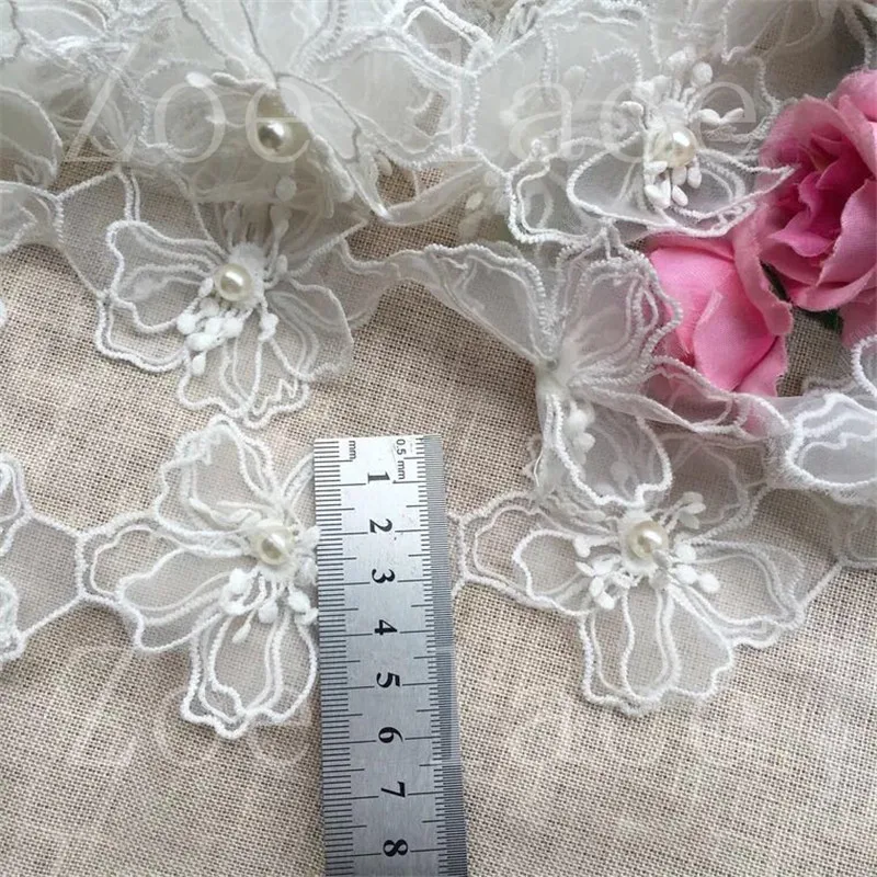Zoe 15 ярдов новинка offwhite 6 см 3D органза цветок лента с жемчугом ручная работа