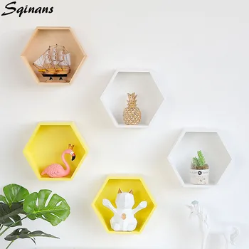 

Nordic Wooden Hexagon Shelf Iron Metal Wall Decor Floating Shelf Modern Wall Hanging Shelf Geometric Decorative Wall Shelf