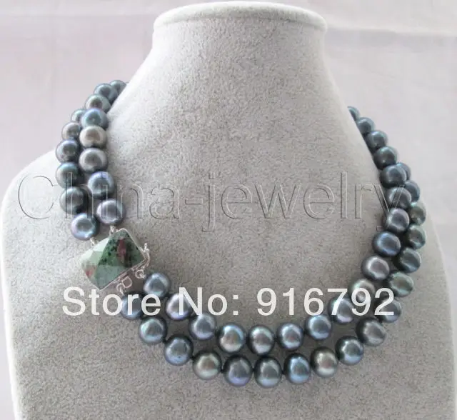 

free shipping >>>>>AA 17-18" 2row 12mm natural black round freshwater pearl necklace