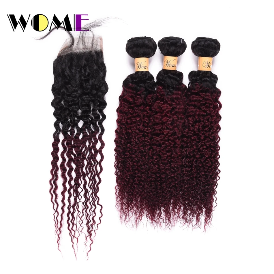 

Wome Ombre Hair Two Tone Color Mongolian Kinky Curly Hair Bundles With Closure T1B/99J Human Hair Weaving Curl Hair Extensions