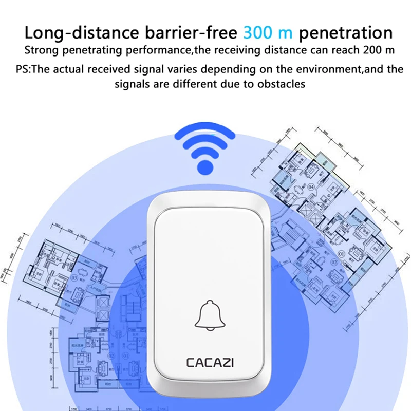 CACAZI домашний водонепроницаемый беспроводной дверной звонок Кнопка светодиодный беспроводной звонок 300 м дверной звонок ЕС штекер 4 громкости дверной Звонок