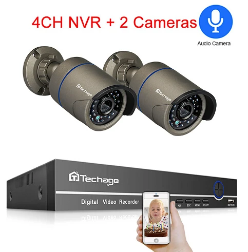 Techage 4CH 1080P h.265 POE камера NVR система 2mp Аудио Звук CCTV комплект видеонаблюдения Всепогодный видео домашний комплект безопасности 2 ТБ HDD - Цвет: 4CH NVR 2 Cameras