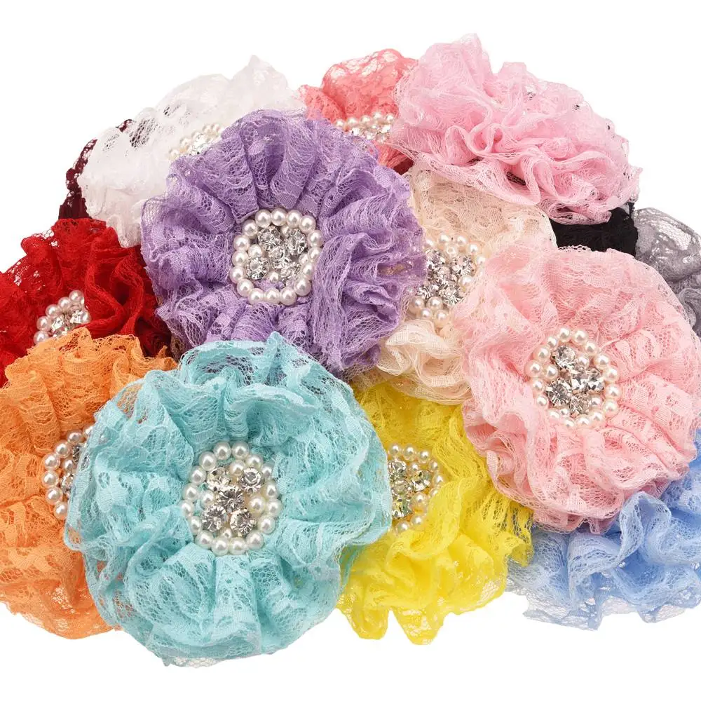 

5PCS Rhinestone Pearl Cluster Orchid Mesh Flowers Luxury Hair Flower 10CM Hair Flower Accessories No Clip For Headband