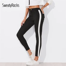 SweatyRocks Contrast Panel Side Skinny Ankle Jeans 2018 Summer Straight Leg Zipper Fly Pants Women Black Sporting Striped Pants fashionable straight leg checked print zipper fly shorts for men