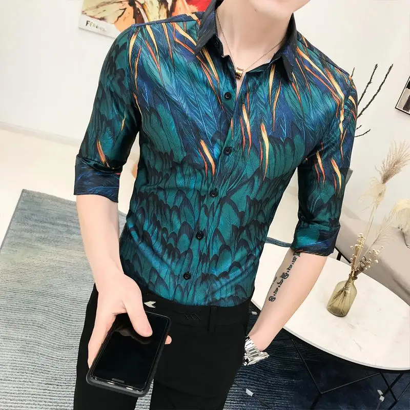 

Casual Dress Blouse Mens Clothing Camisa Fashion Mens Shirts Hip hop Green Summer Half sleeve Flower Men Shirt Plant Floral