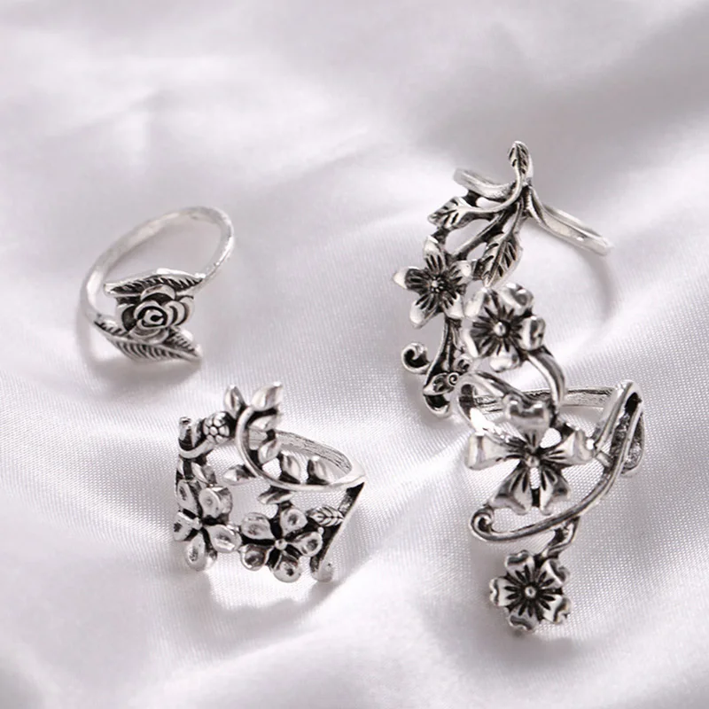 Кольцо в форме листа, 4 шт., Bague Femme, винтажные кольца на кончик пальца для женщин, турецкий большой цветок, лист, кольцо на палец средней длины, набор, Boho, панк, ювелирное изделие