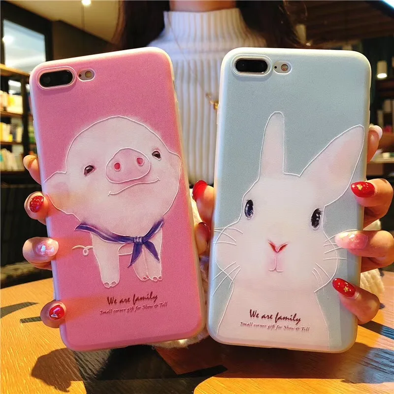 

Cute Pig Rabbit Animal TPU Phone Case For iPhone 7 8 Plus 6 6S X XS Max XR 5 5S SE Fashion Relief Silicone Gril Couples Cover