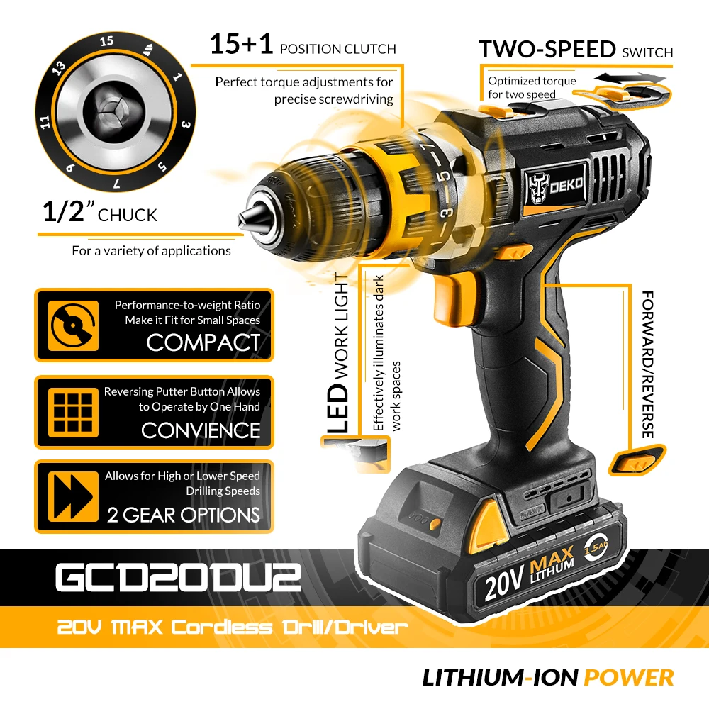 DEKO GCD20DU2 20V MAX Power Tool with Lithium Battery Variable Speed Electric Screwdriver with LED Light Home DIY Cordless Drill