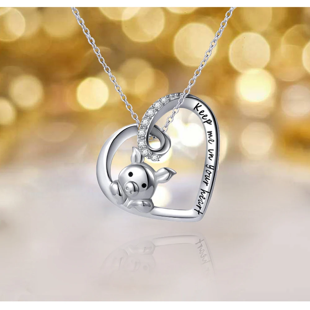 

Women 925 Sterling Silver Pig Pendant Necklace Piggy Jewelry Cute Hollow Heart Engraved"Keep Me in Your Heart" for Women Girls