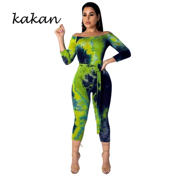 

Kakan summer new women's print one-piece tights sexy word collar casual tights painted seven cropped pants with belt