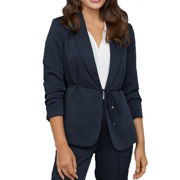 

2019 fall coat women casual navy blue blazer feminino long sleeve blazer women lace-up cardigan womens clothing