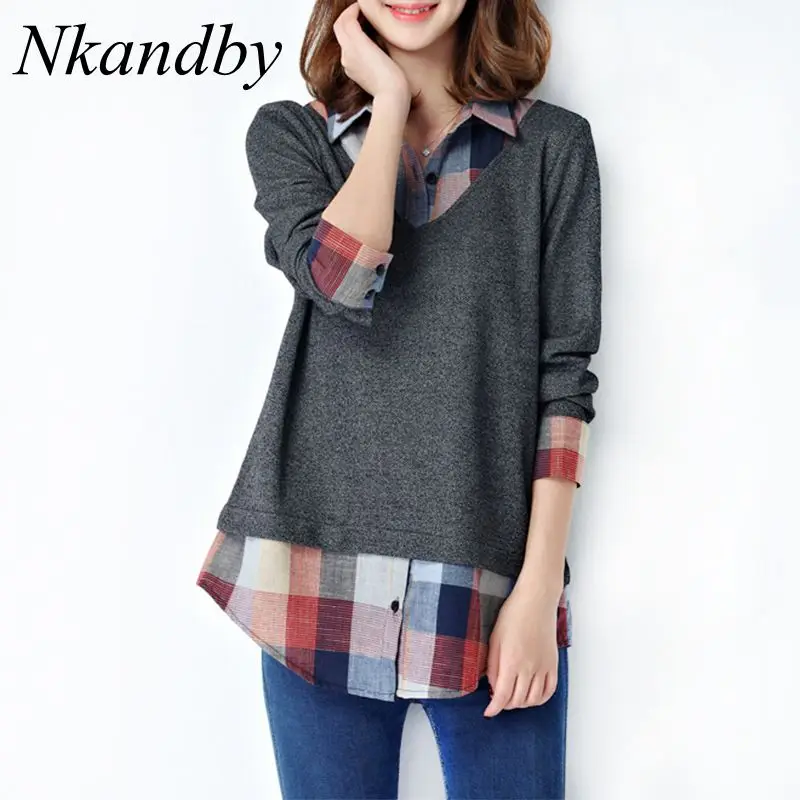 

Nkandby 5XL 4XL Plus Size Ladies Tops and Blouses 2019 Fashion Loose Turn Down Collar Long Sleeve Plaid Patchwork Women Shirts