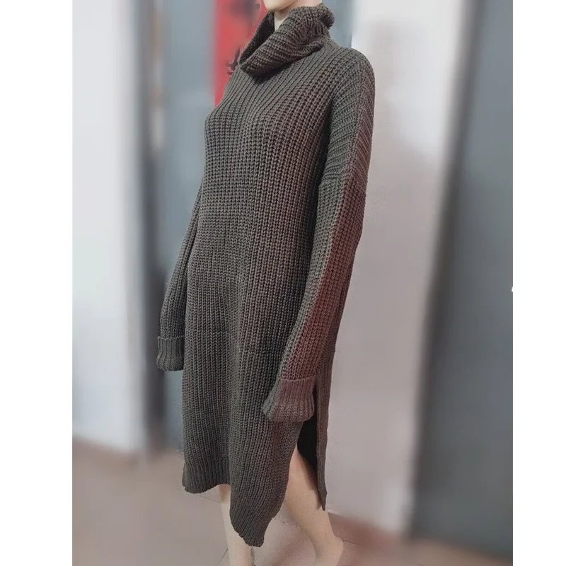 Thick knitted sweater dress women 2018 winter tops vintage Korean turtleneck pullovers high slit oversized long pull femme hiver
