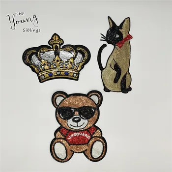 

New arrive Sequins DIY Crown handicraft Iron-on Patches Embroidery Applique Cat Bear stickers Clothing badge Accessories Decor