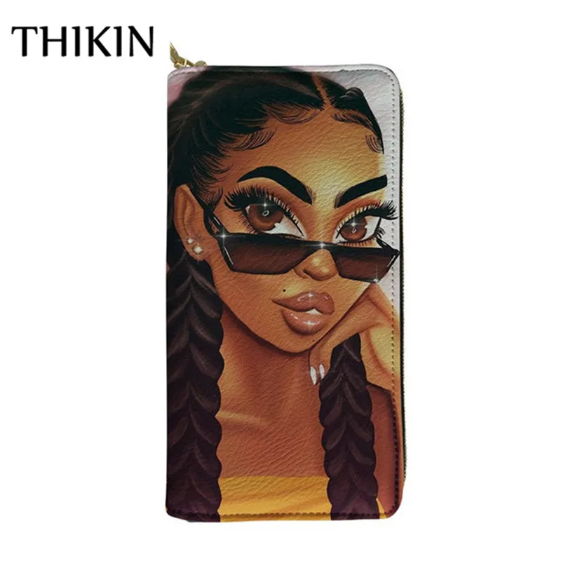 Thikin Women Wallets Afro Printing African Girls PU Leather Long Purse Lady Kawaii Pattern Card Holders Coin Pocket Zipper