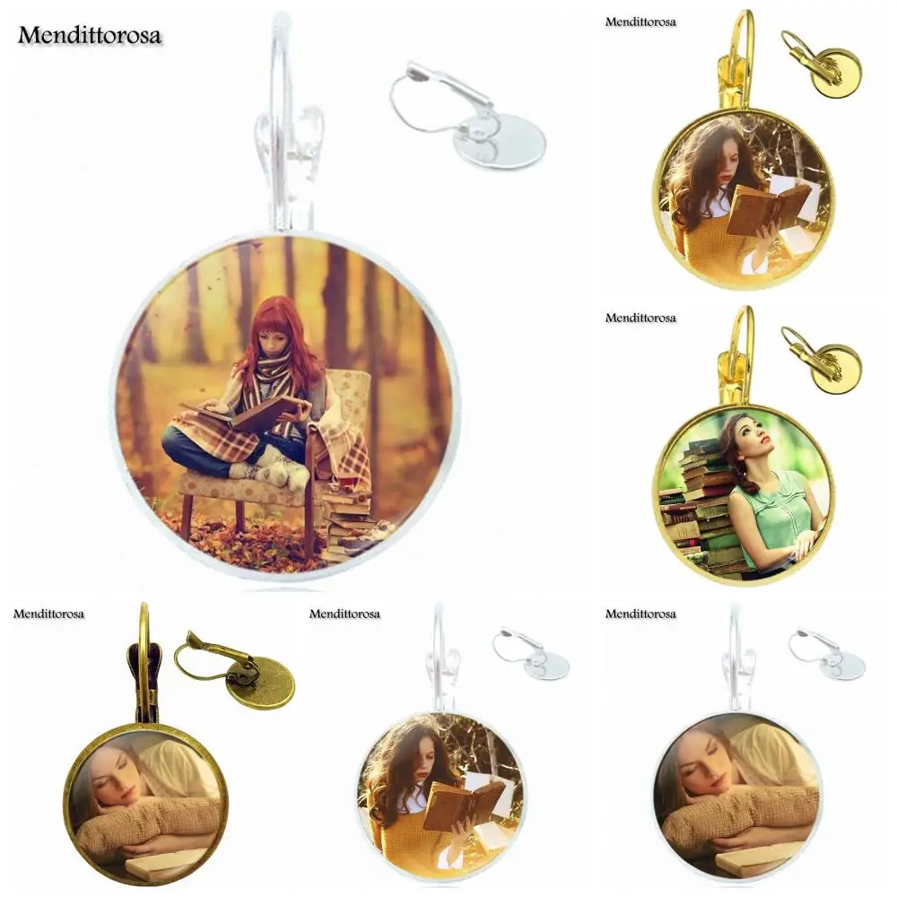 

For Woman Vintage Statement Girl Read Books Plated Jewelry With Glass Cabochon Bronze/Silver/Golden Clip Ear Hook Drop Earrings