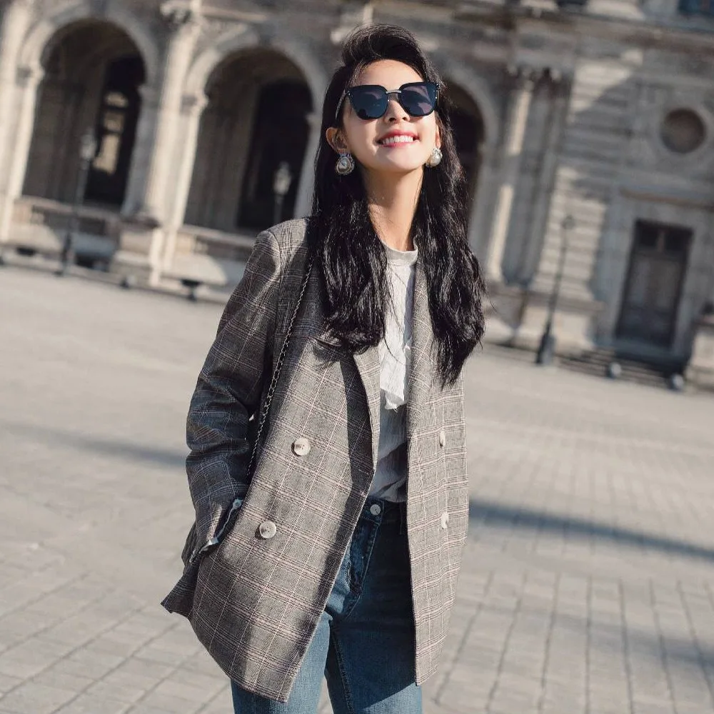 Real Shot Chic Chic Waist Plaid Small Suit Jacket Female Korean 2018 British Style New Casual Women's Double Breasted Blazers Real Shot Chic Chic Waist Plaid Small Suit Jacket Female Korean 2018 British Style New Casual Women's Double Breasted Blazers