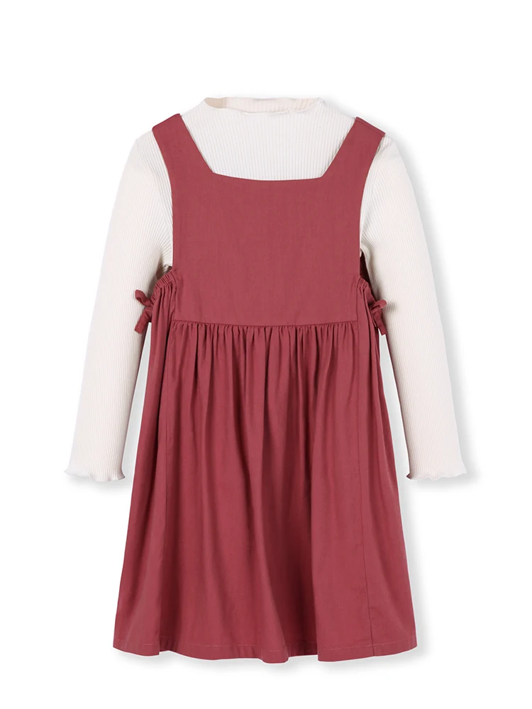 Balabala/комплект одежды из 2 предметов для девочек; однотонные топы с рукавами-трубы; футболка+ Свободный комбинезон; детская одежда для девочек - Цвет: Brick red