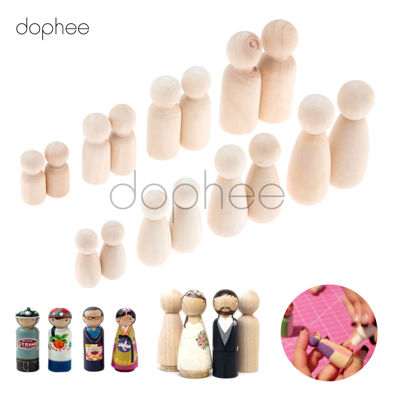 Dophee 16 шт Смешанные 35/43/55/65 мм деревянные колышки для кукол Неокрашенные Фигурки