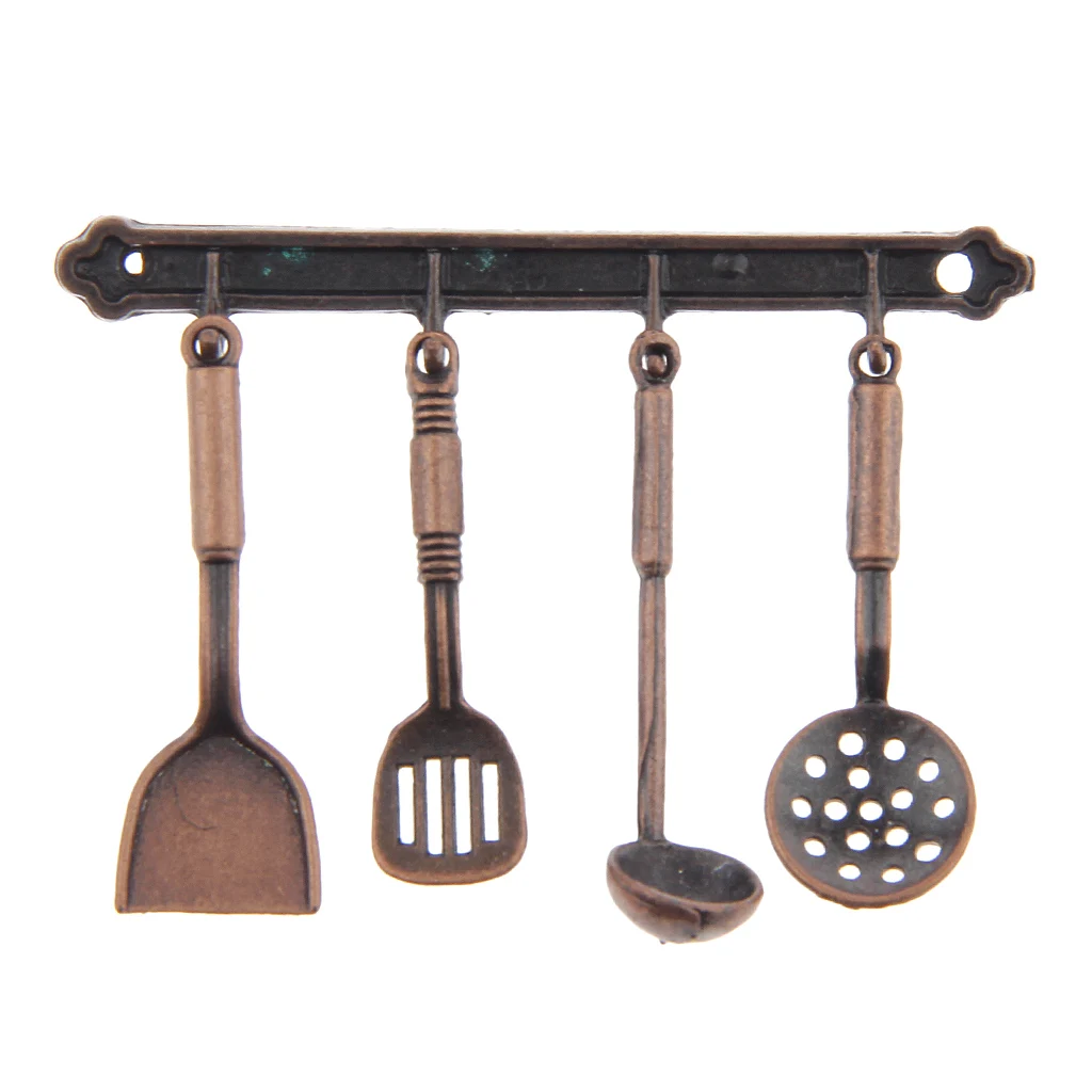 5pcs 112 Doll House Miniature Metal Kitchenware Bronze Dollhouse Model Cook Set Classic Kitchen