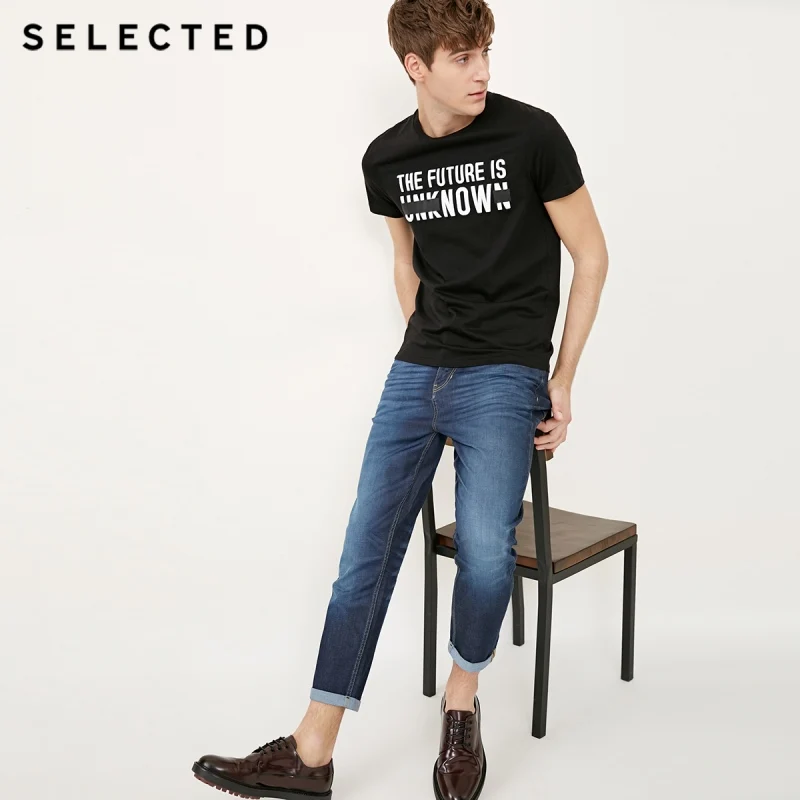 mid blue denim Выбранные Для Мужчин's со средней посадкой плотно прилегает к телу ногу, тянущиеся укороченные джинсы S | 418132516 - Цвет: mid blue denim
