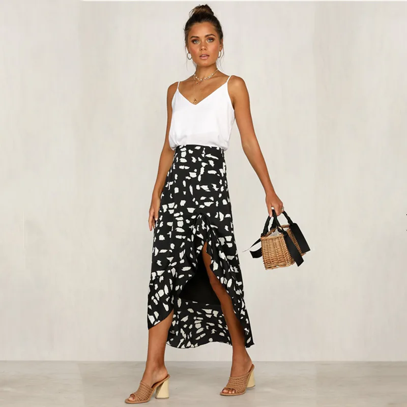 

Women sweet ruffles Dot skirts elastic waist ladies casual mid-calf skirts Vintage female Irregular Print Skirts Female Summer