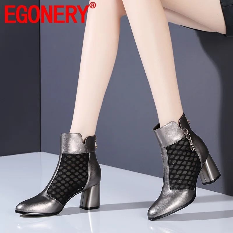 

EGONERY woman shoes 2019 summer new fashion sexy round toe genuine leather outside high square heels zip ladies shoes size 33-40