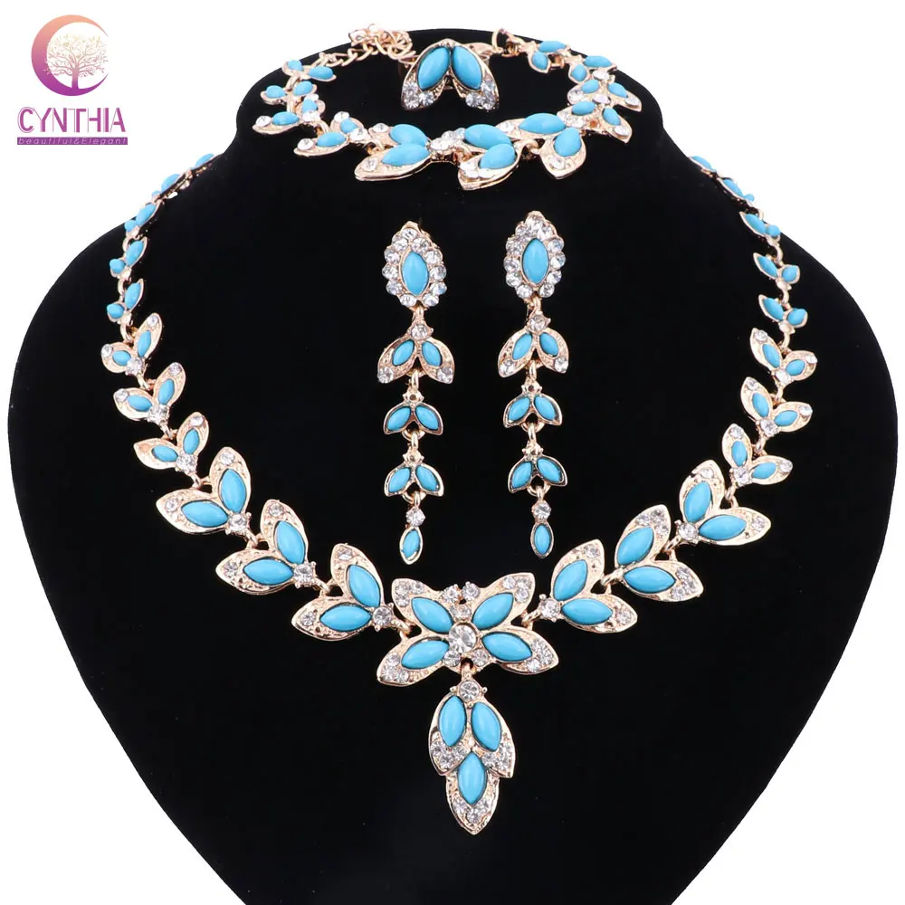 Женское модное ожерелье boho blue crystal ювелирные наборы с сережками Позолоченное