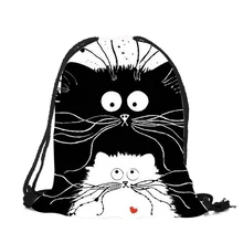 3D унисекс простой прочный черный рюкзак милый белый кот печати сумка Женская дорожная хозяйственные мешки с веревкой