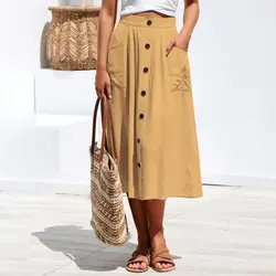 Повседневная юбка в складку с карманами Женская юбка с высокой талией Свободная юбка на пуговицах