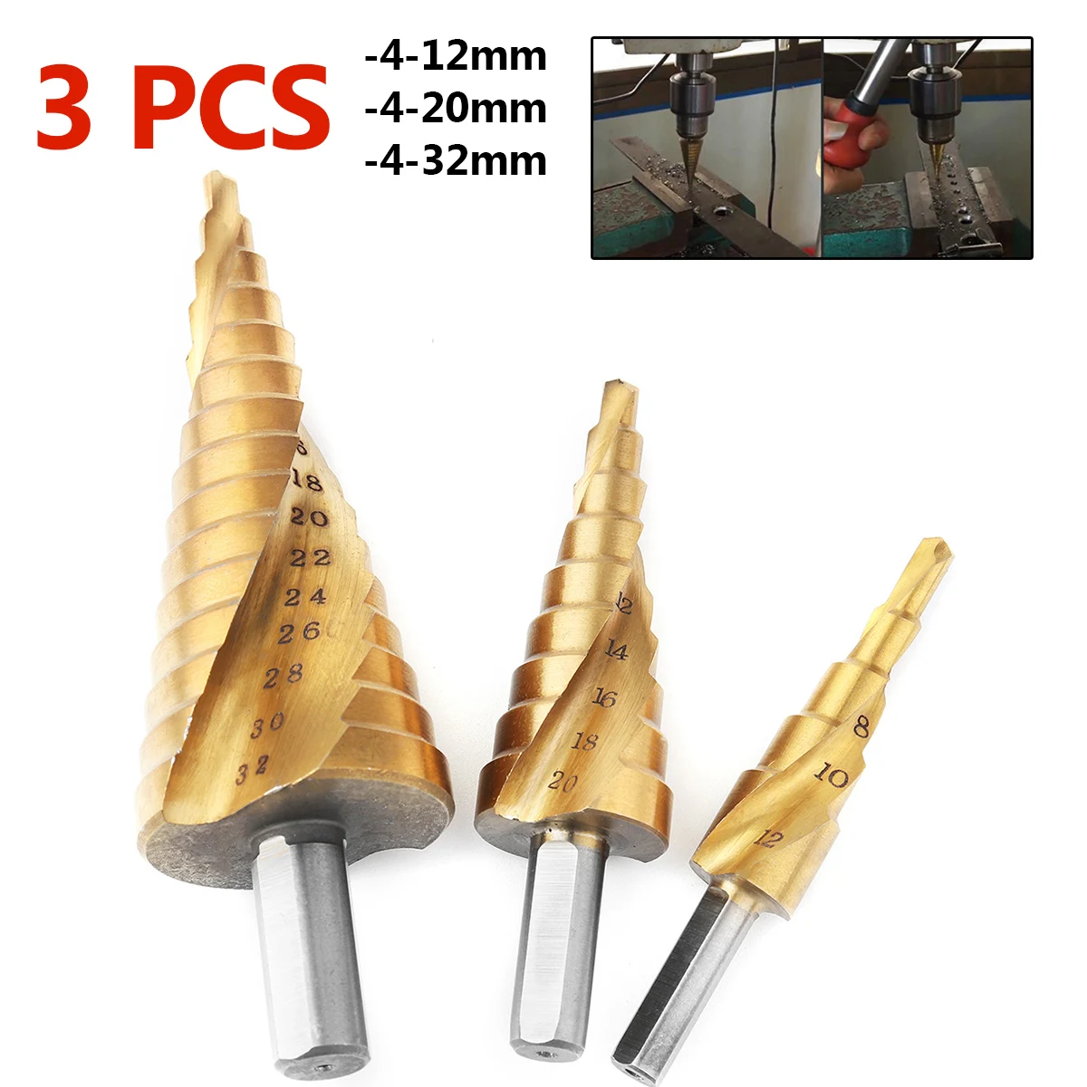 HSS Spiral Titanium 3Pcs Step Drill Bit Set Cone Shape Hole Cutter 12