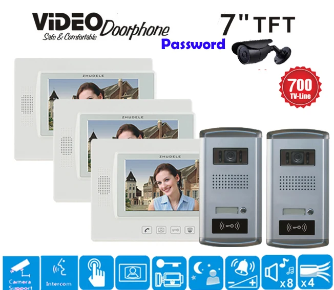 

ZHUDELE 2Camera+3Monitor 7"Luxury Video Door Phone Touch Key Doorbell Intercom Support CCTV Camera IR HD Camera with ID Card