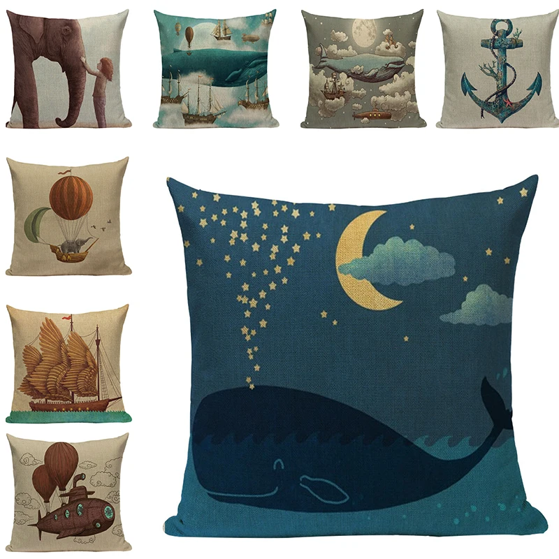 

Creativity Animals Art Printed Decorative Cushions For Sofa Ship Hot Air Balloon Pillowcases Chair Pillow Accessories Home Decor