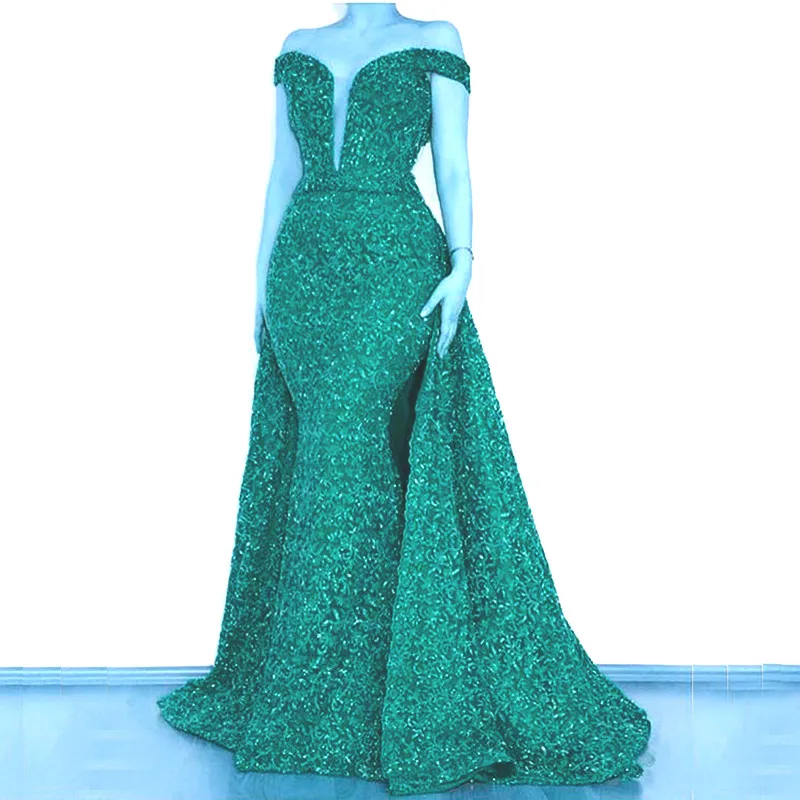 Lange Mermiad Groene Glitter Arabische Rode Kant Avondjurken 2020 Met Afneembare Rok Avondjurken Abiye Gece Elbisesi