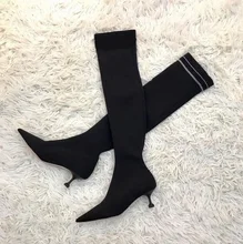 Womens Thigh High Boots Pointed Toe Black Knit Shoes Women Sock Boots Stretch Fabric Low Heels Over Knee Womens Chelsea Boots pink palms autumn lycra shoes women over the knee sexy high heels wedge boots stretch fabric sock boots students boots