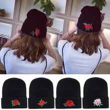 LNRRABC Женская вышитая аппликация Роза шерстяная вязаная шапка теплая на осень-зиму капор Лыжная шапка шапочка человек унисекс черный