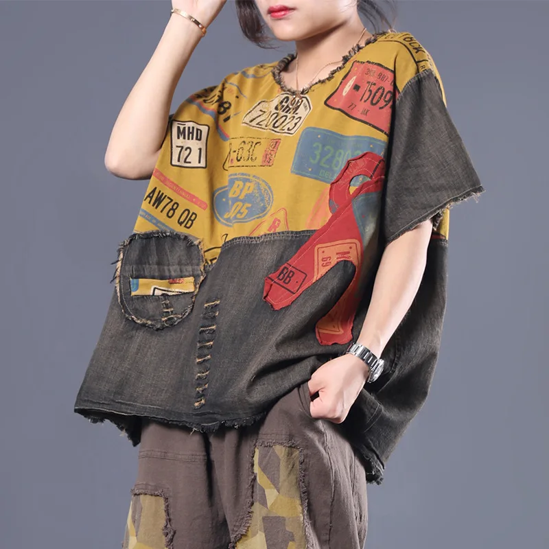 Max LuLu, летняя Европейская мода, женские джинсовые топы, женские Лоскутные панковские негабаритные футболки, винтажные футболки с принтом и дырками - Цвет: yellow patchwork