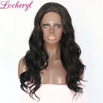 

Lvcheryl Medium Long Wavy Black High Temperature Fiber Hair Natural Hairline Glueless Synthetic Lace Front Wigs with Middle Part