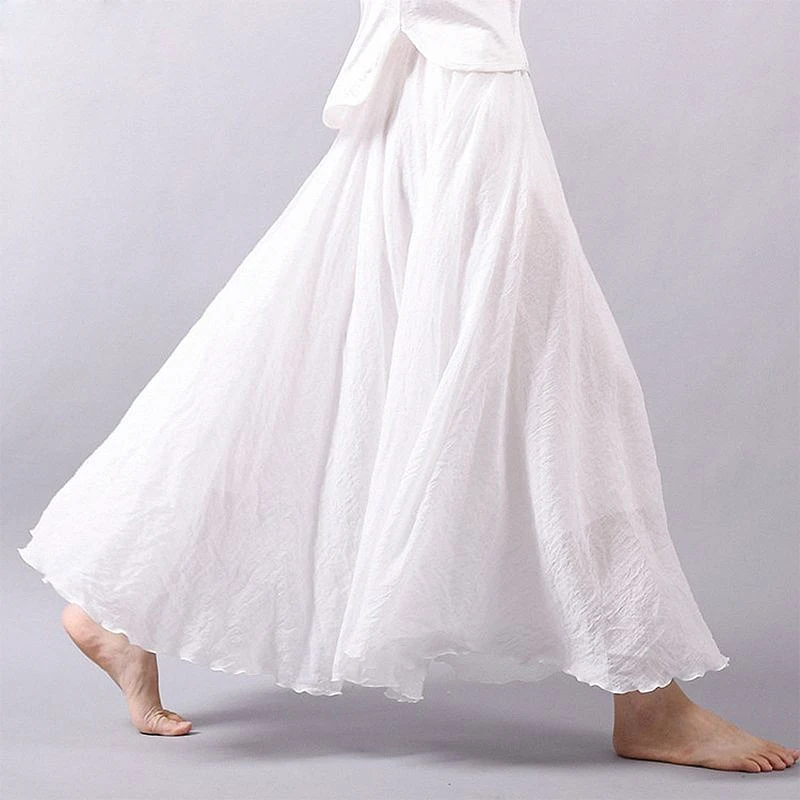 

Summer Women Pleated Skirts White Blue Elastic Waist Long Maxi Skirts Cotton Linen Casual Beach Boho Skirts Femme Faldas Saias